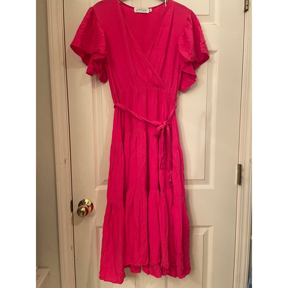 Petal + Pup Womens Hot Pink Tiered Midi Dress Wrap V-Neck Short Flutter Sleeve M